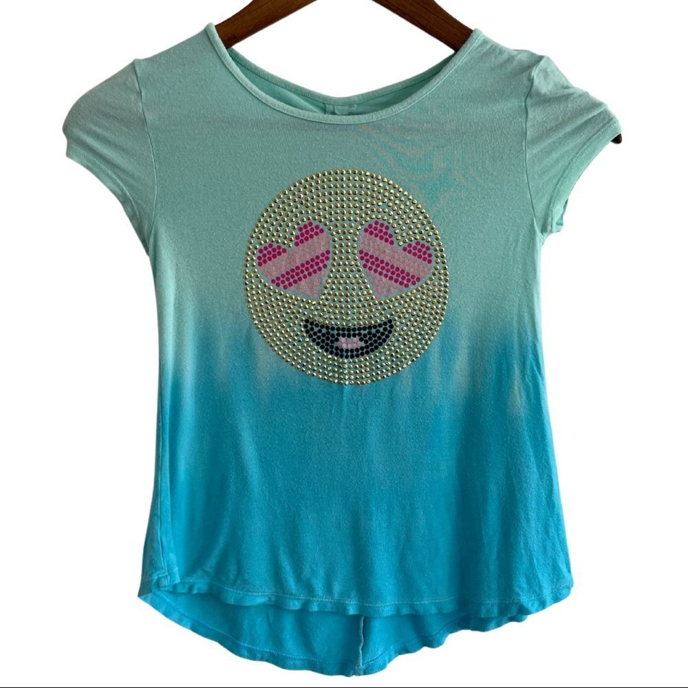 Blue Flowy Justice Shirt High-Low Hem Rhinestone Emoji Top Girls Size 7